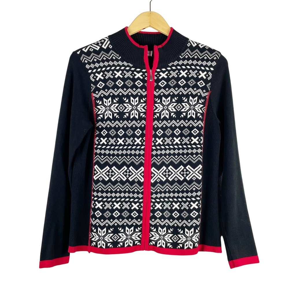 Christopher & Banks Women's Black Red Fair Isle Sweater Full Zip Mock Neck Sz S